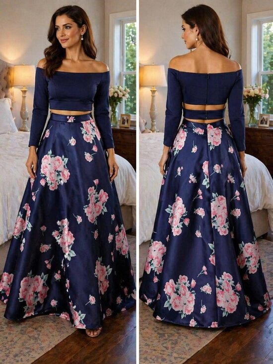 2 Cute Dresses & Skirts - 2 Cute Brand Navy Floral Two Piece Formal Gown $469